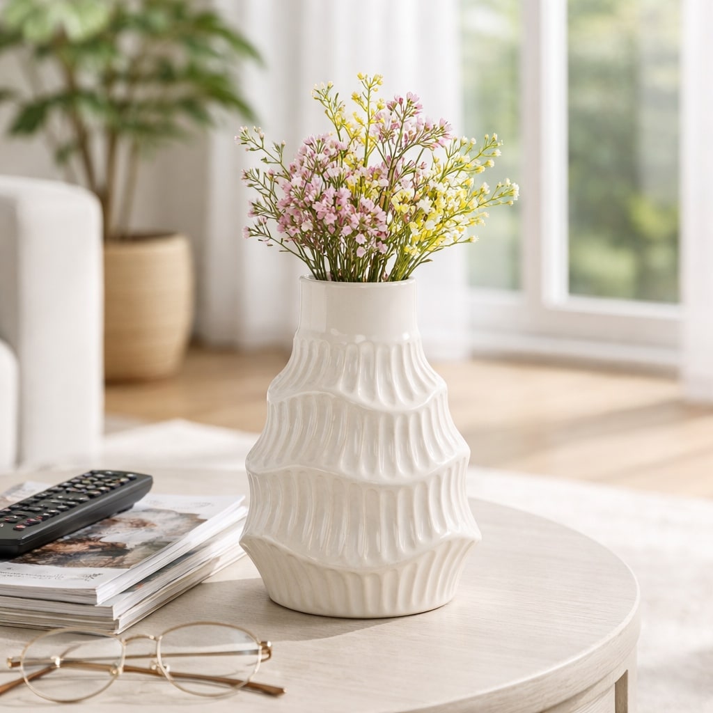 Decorative Vase - White Ceramic Round Sculpted Wavy, 8 in.