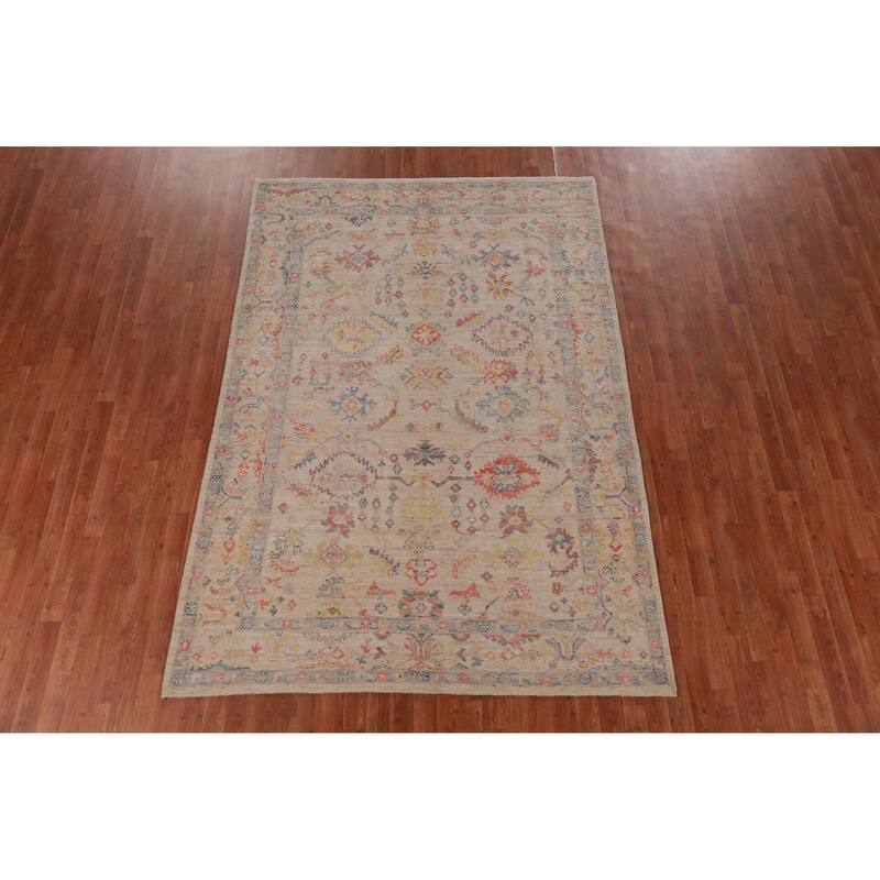 Hand Knotted Oriental 100% Wool Carpet Transitional All-Over Beige & Ivories Oushak Area Rug - 8' 9'' X 6' 0''