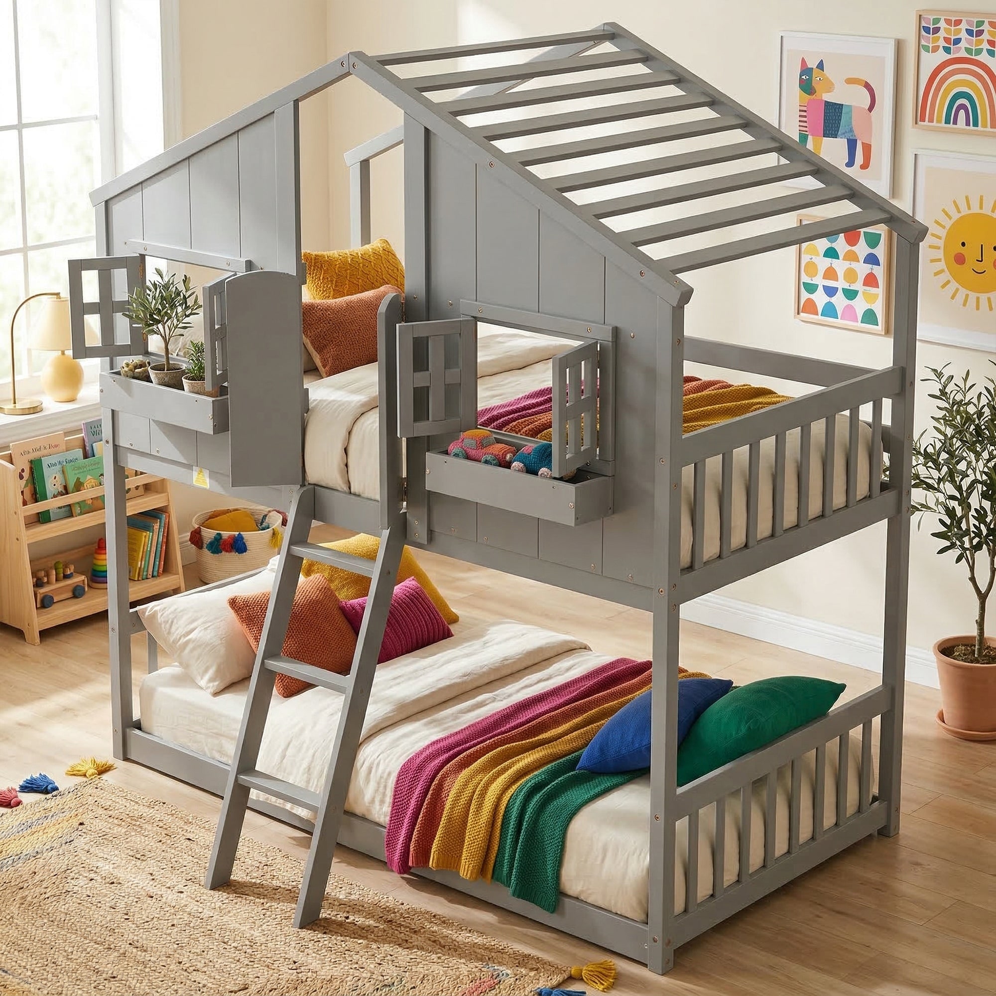 Javlergo Twin over Twin House Bunk Bed with Roof & Window Low Height Bunk Bed with Ladder and Full-Length Guardrails