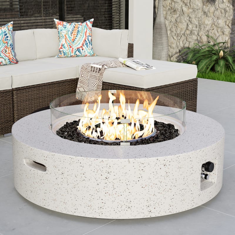 COSIEST Outdoor 41''Round Concrete Fire Pit Table with Wind Guard - Off-White