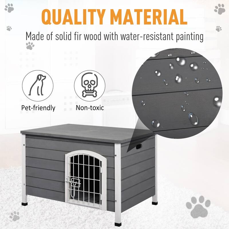 PawHut 21'' Wooden Decorative Dog Cage Kennel Wire Door with Lock Small Animal House with Openable Top Removable Bottom Gray