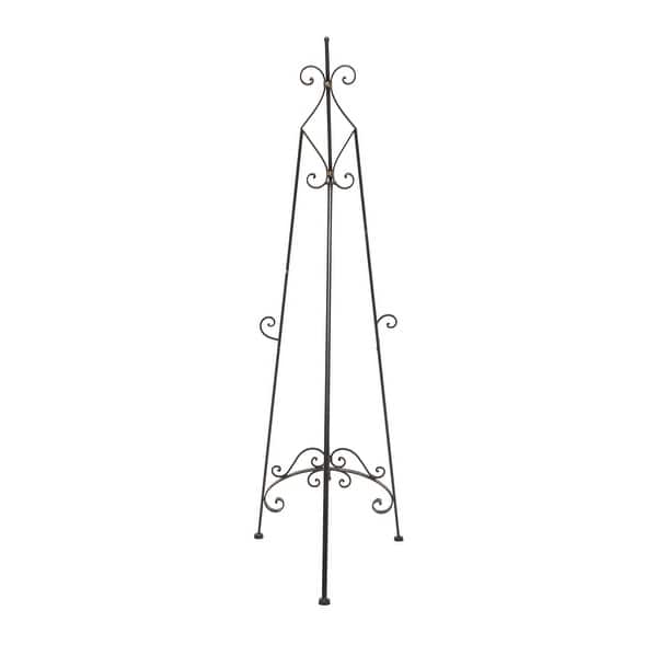 dimension image slide 1 of 2, Black Metal Tall Adjustable Floor Scroll Display Easel with Gold Accents