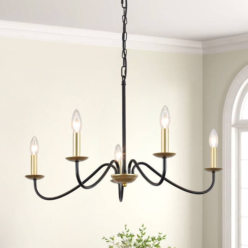 5-Light Rustic Farmhouse Candle Chandelier for Bedroom, Kitchen, Living Room and Foyer - Black+SprayGold