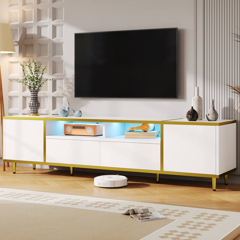Modern LED TV Stand Storage Cabinet with 2 Drawers & 2 Shelves, Entertainment Center Console for TVs up to 80" - White