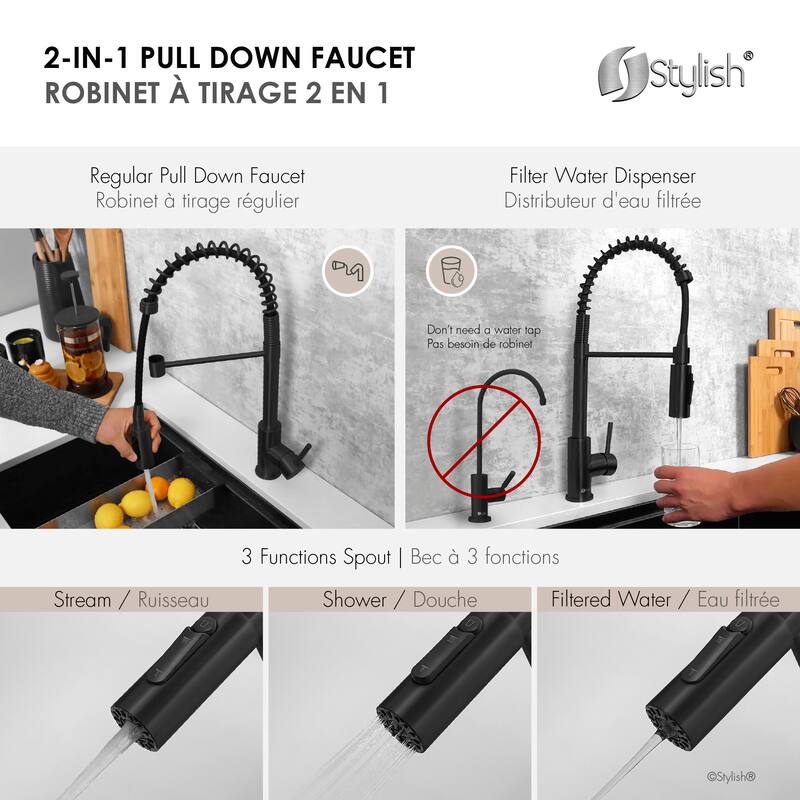 Milano Pull-Down Kitchen Faucet with water filter. Stainless Steel Gold.