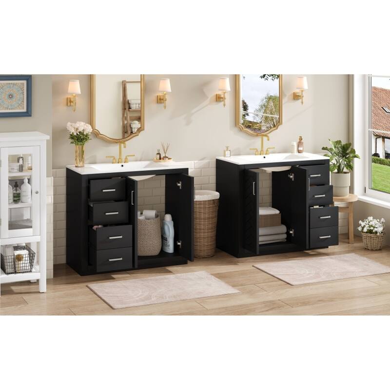 Roomfitters 72 Inch Bathroom Vanity with Ceramic Sink, Solid Wood Frame Cabinet with Sliding Tiers & Soft Close Doors