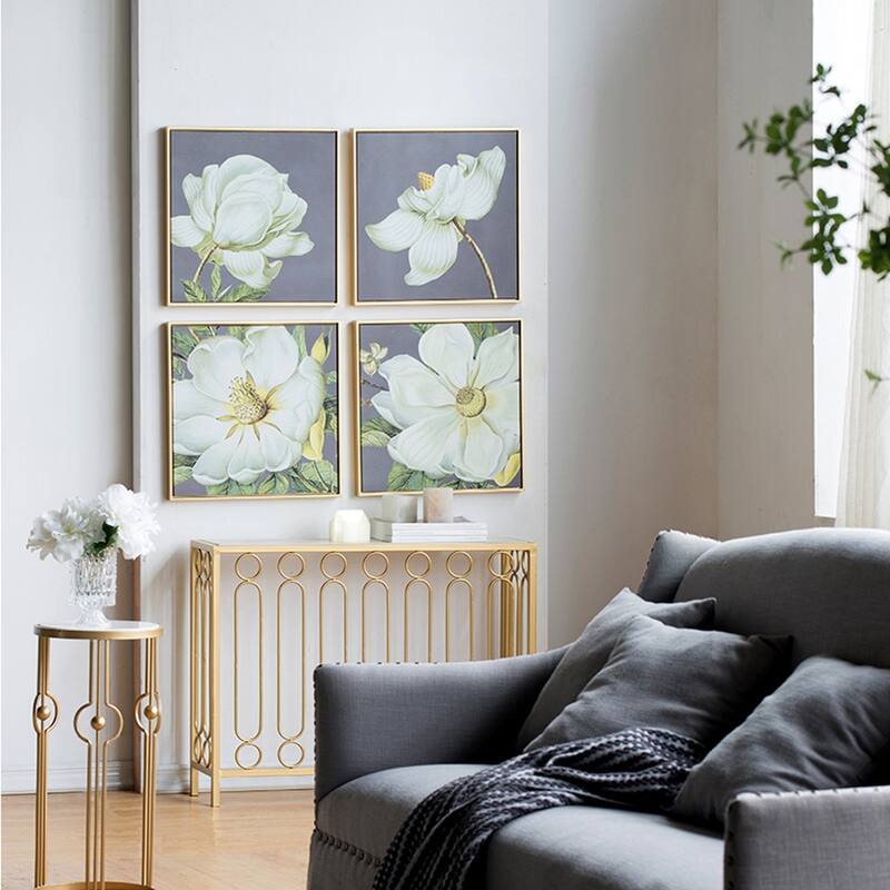 Set of 4 White and Gold Botanical Wall Art Prints, Home Decor