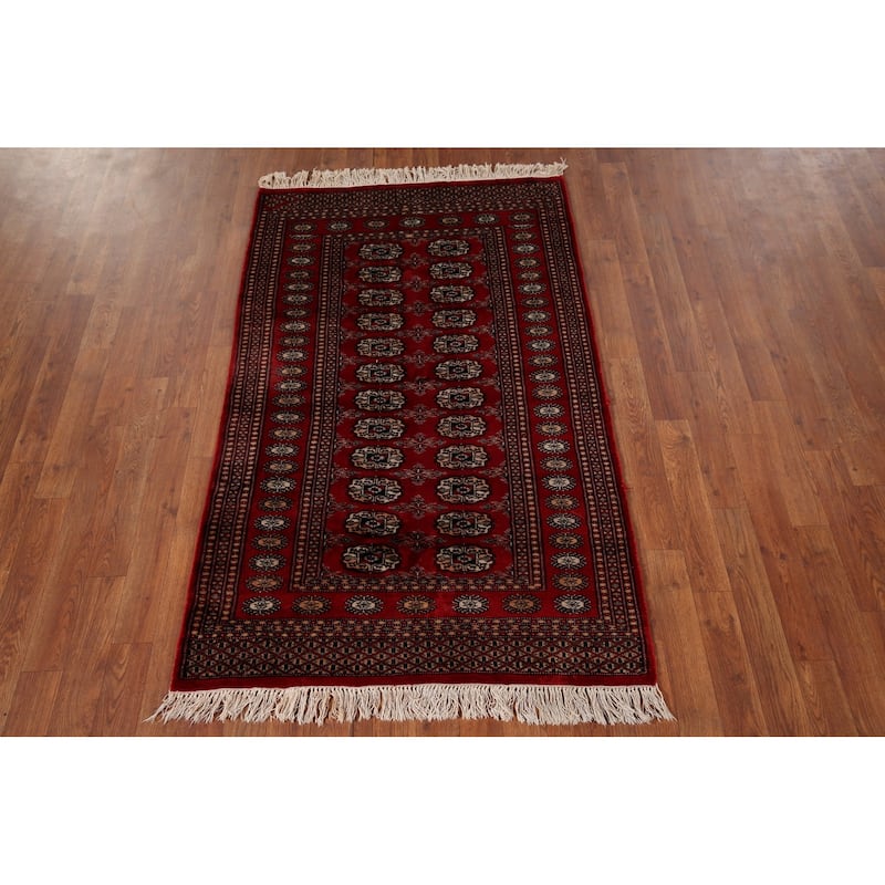 Red Geometric Bokhara Vintage Accent Rug Hand-Knotted Wool Carpet - 3'2" x 5'1"