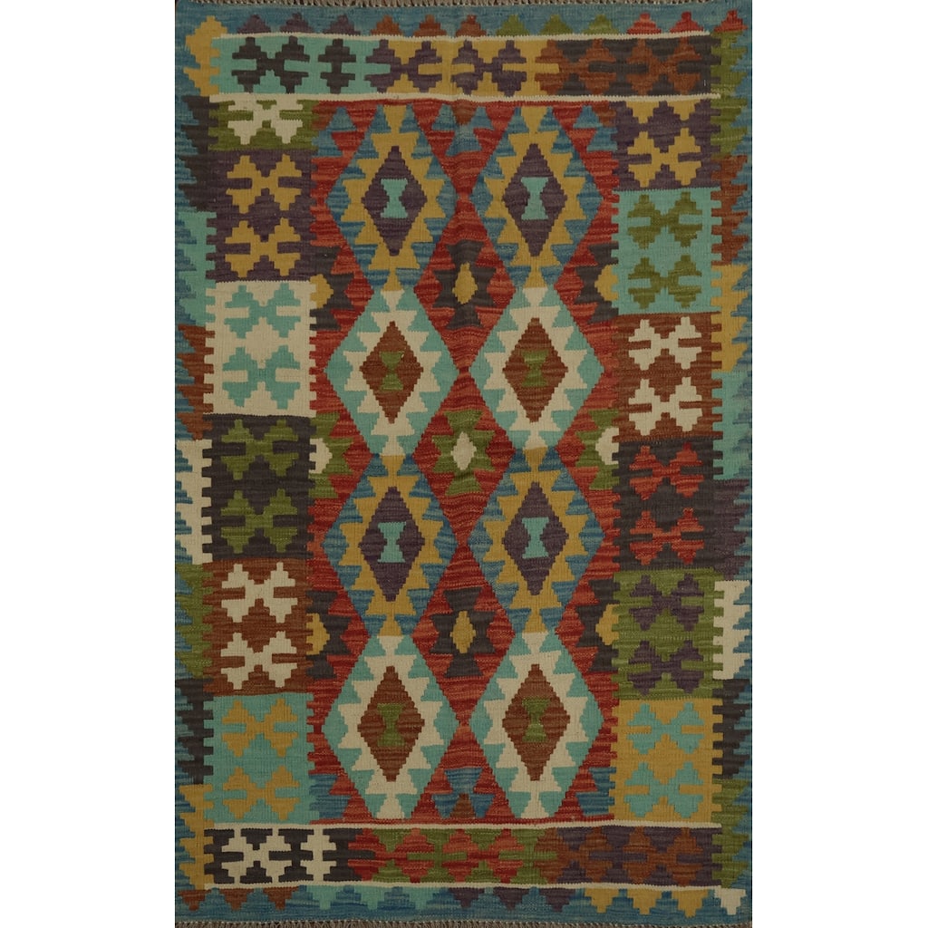 Hand Woven Oriental 100% Wool Carpet Southwestern Tribal Oranges & Rust Kilim Area Rug - 4' 10'' X 3' 5''