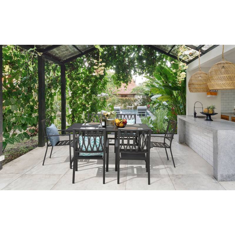 Outdoor 7-Piece Dining Set with Umbrella Hole, Black