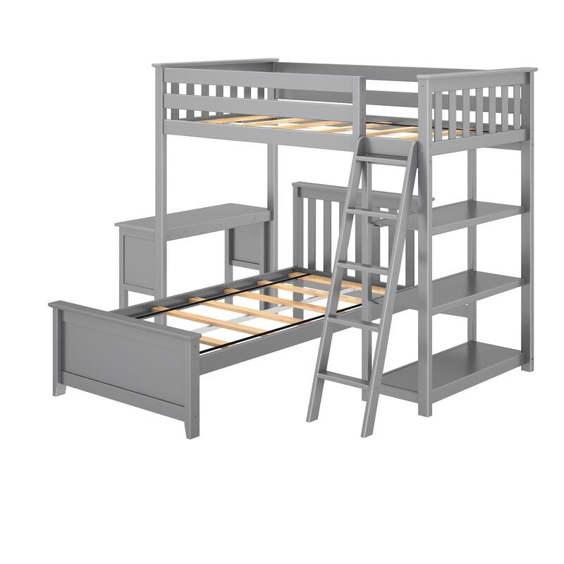 Max and Lily L Shaped Twin over Twin Bunk Bed with Bookcase and Desk