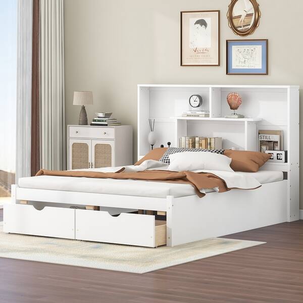 slide 2 of 24, Queen Size Solid Pine Wood Platform Kids Bed Frame with Built-In Storage Shelves of the Headboard and 2-Drawers, White White