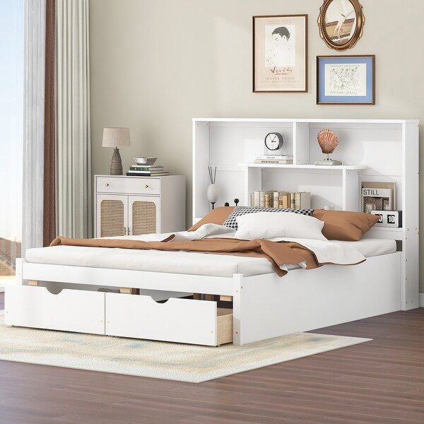 Simple Modern Design Queen Size Platform Bed with Storage Drawers Headboard with Shelves Solid Wood Slats Bed Bath Beyond 42176226