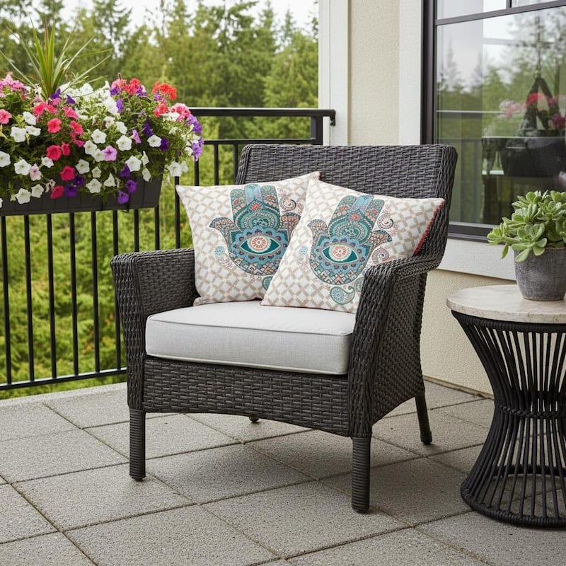 HomeRoots Set of Two 16" X 16" Blue and Orange Blown Seam Hamsa Indoor Outdoor Throw Pillow - 16.00' X '16.00' X '5.00 - Blue/Orange - 16.00' X '16.00' X '5.00