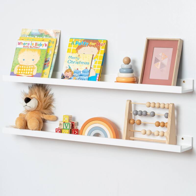 Solid Pine Wood Floating Ledge Shelves 2 Packs for Wall - 36inch - White