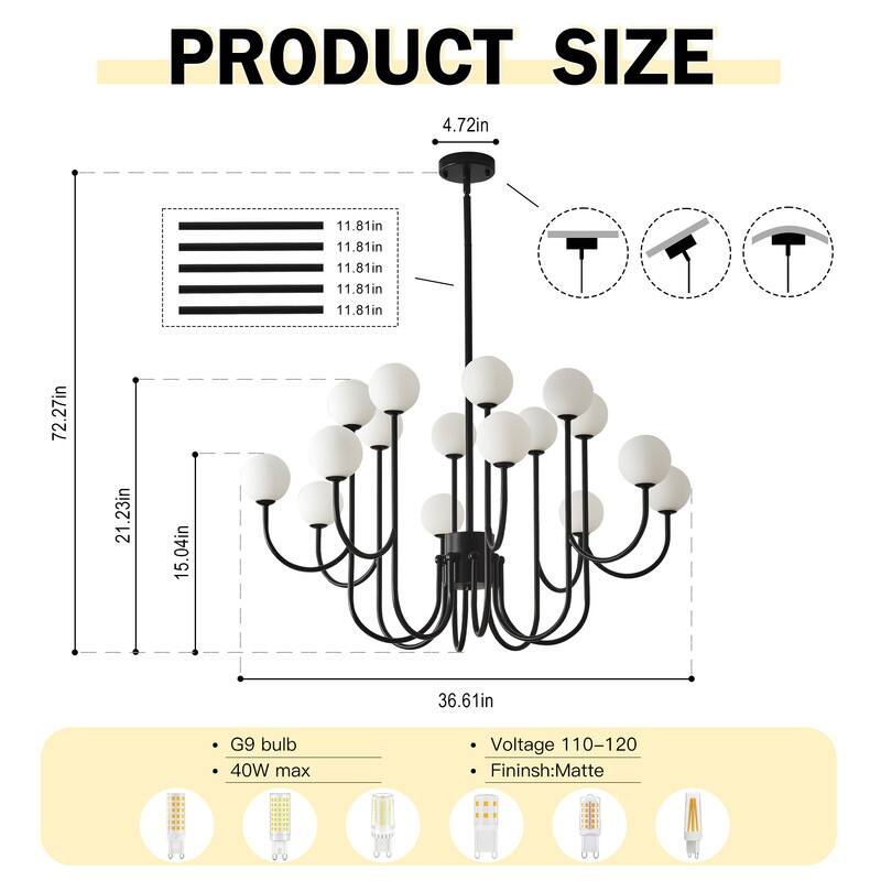 Modern Sputnik Chandelier Linear Chandeliers with Frosted Glass Globe - 16 lights - 36.6 in