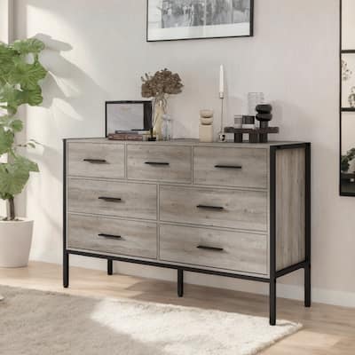 7-Drawer Wood Dresser, Bedroom & Closet Storage Cabinet with Steel Frame, Rustic Grey