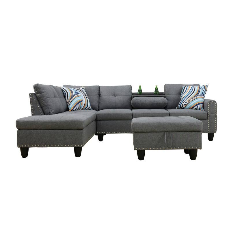 Modular Living Room Sectional with Storage Ottoman and Flip-Top Console, Black or Gray