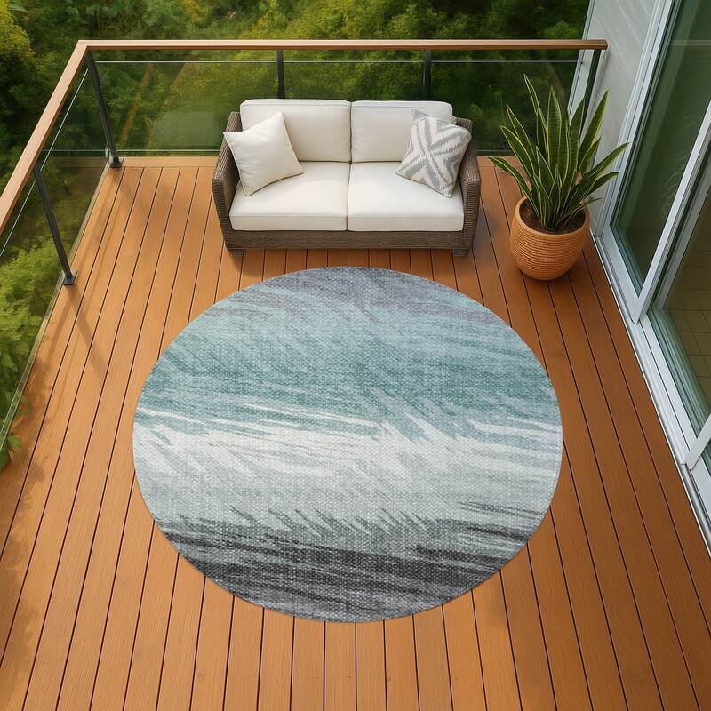 Machine Washable Indoor/ OutdoorAbstract Brushstrokes Chantille Rug - Teal - 8' x 8'
