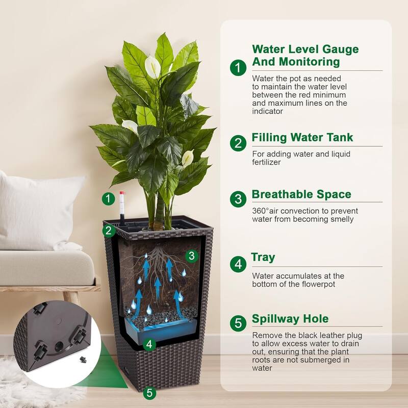 Planters Set of 2, Outdoor＆Indoor Planter Pots, Automatic Watering,High Front Porch Planter Pots