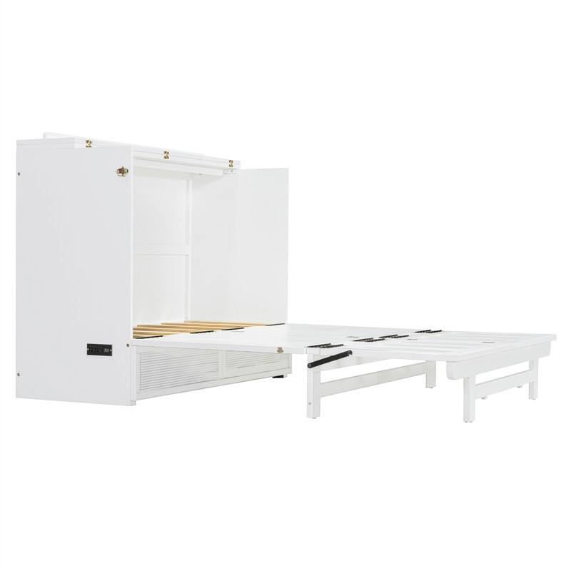 Full/Queen Size Murphy Bed Wall Bed with a Large Storage Drawer, Foldable Murphy Cabinet Bed with USB Ports and Outlets
