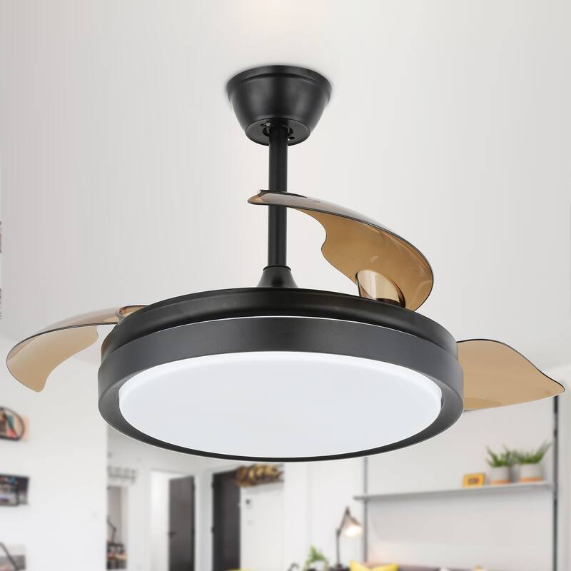Cusp Barn 42-In Retractable Ceiling Fan with Remote Control Modern 3-Blade CCT LED Dimmable Lighting - Black.
