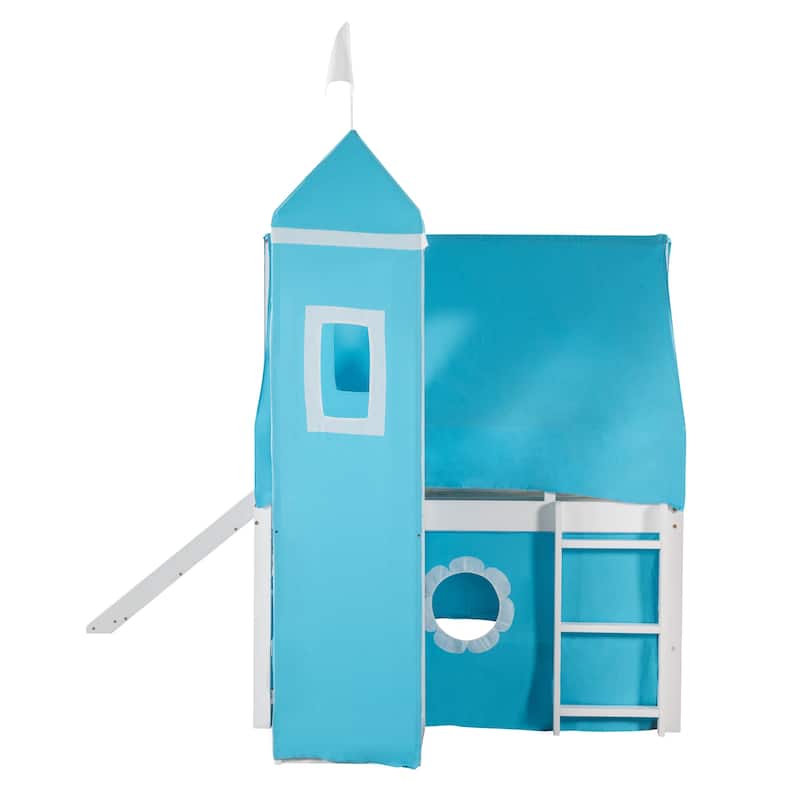 Princess Low Loft Bed for Kids, Twin/Full House Loft Bed with Slide Tent and Tower, Solid Wood