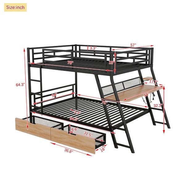 Full Size Metal Bunk Bed with Built-in Desk, Light and Drawers, Black