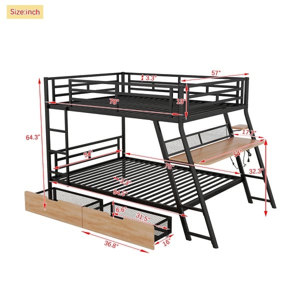 Full Size Metal Bunk Bed with Desk, Light, and 2 Drawers, Black