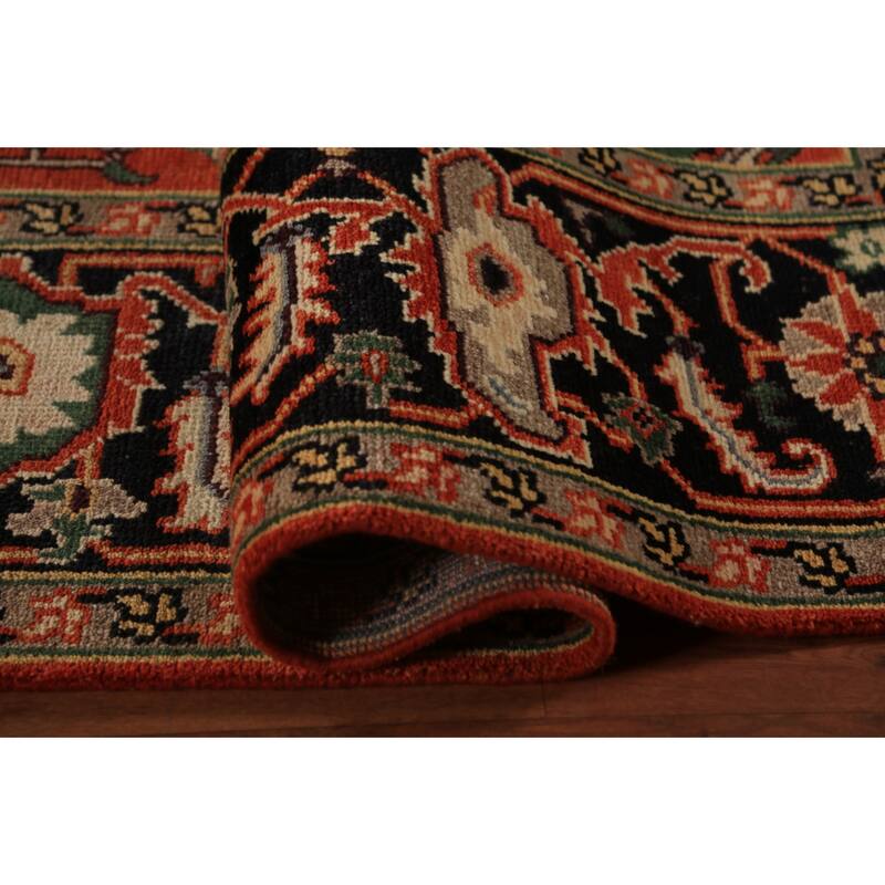 Geometric Heriz Serapi Indian Area Rug Handmade Orange Wool Carpet - 8'9"x 11'10"