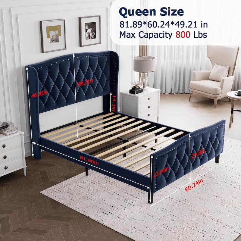 Bed Frame Velvet Upholstered Platform Bed with Wing Side Headboard