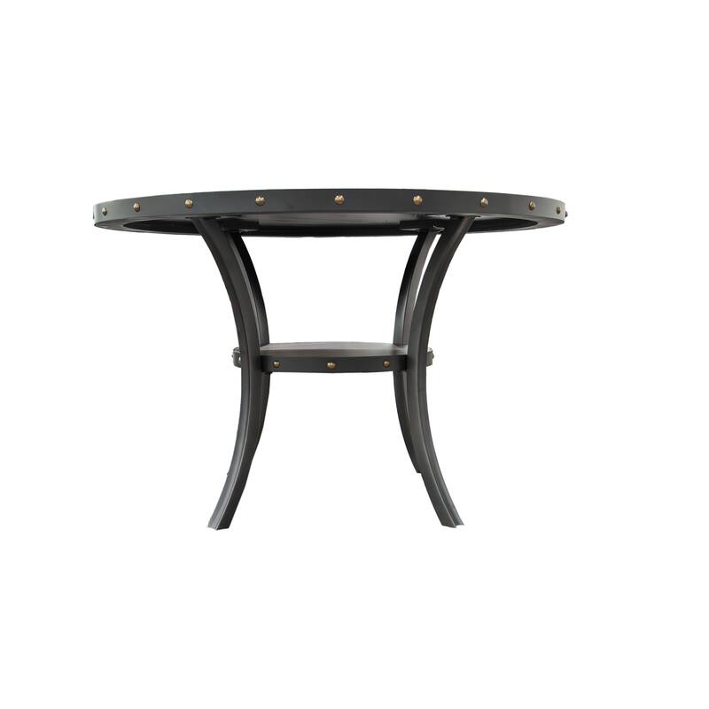 Modern Classic Dining Room Furniture Natural Wood Round Dining Table 4x Side Chairs Charcoal Fabric Tufted Roll Back Top