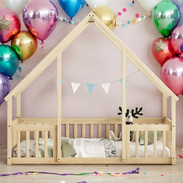 slide 2 of 9, Twin Size Wood House-Shaped Floor Bed with Fence and Guardrails, Natural Natural