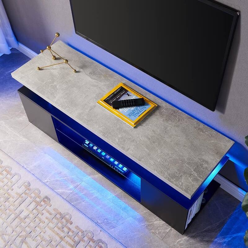 Modern LED TV Stand, Gaming Entertainment Center Media, for 60 Inch TV Table with Side Cabinet, for Living Room, Grey+Black