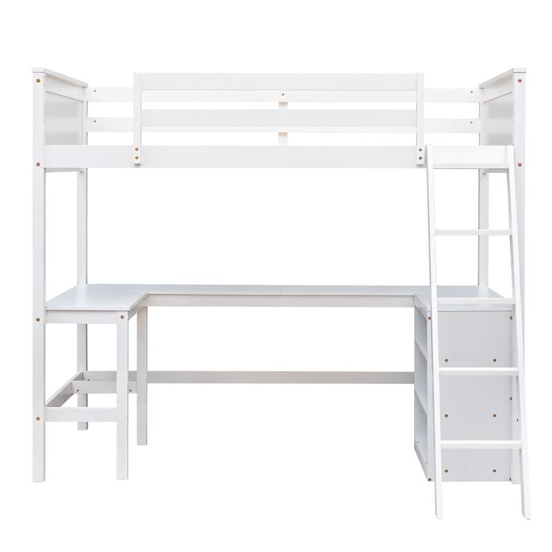 Roomfitters Twin Size Loft Bed with Desk and Storage Shelves, White