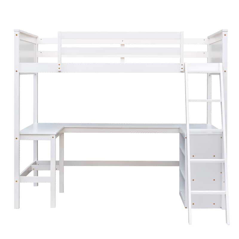 Twin Size Loft Bed with Shelves and Built-in Desk, Wooden Loft Bed with Ladder and Safety Guardrail for Student Boys Girls