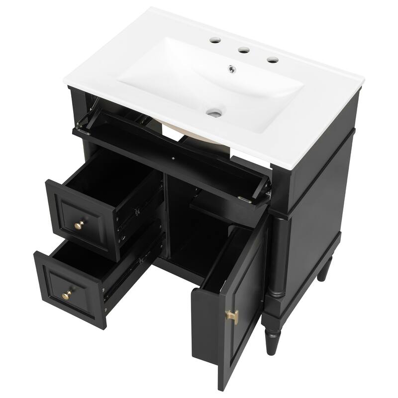 Roomfitters 30" Bathroom Vanity with Sink, Solid Wood Frame, Flip Drawer, 2 Drawers & Door Rack