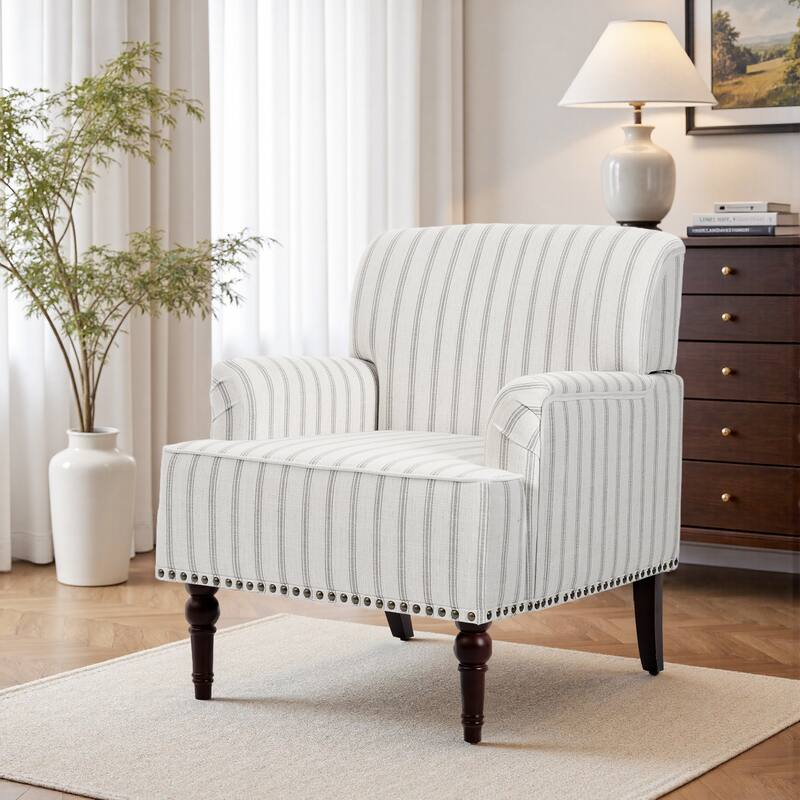 Striped Upholstered Linen Armchair with Brass Nailhead Trim