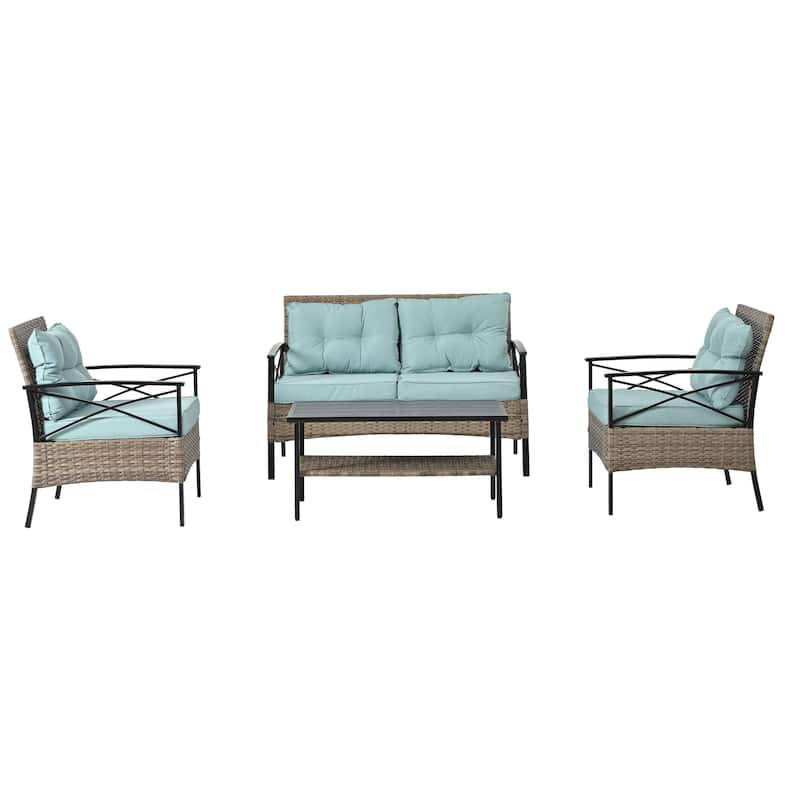 4 PC Outdoor Patio Seasonal PE Wicker Furniture Set w/ Black Metal Table Conversation Set for Lawn, Garden, Backyard