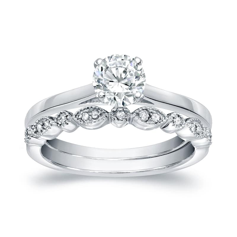 Auriya 14k Gold 2/3ctw Vintage Round Solitaire Diamond Engagement Ring Set - White - 4