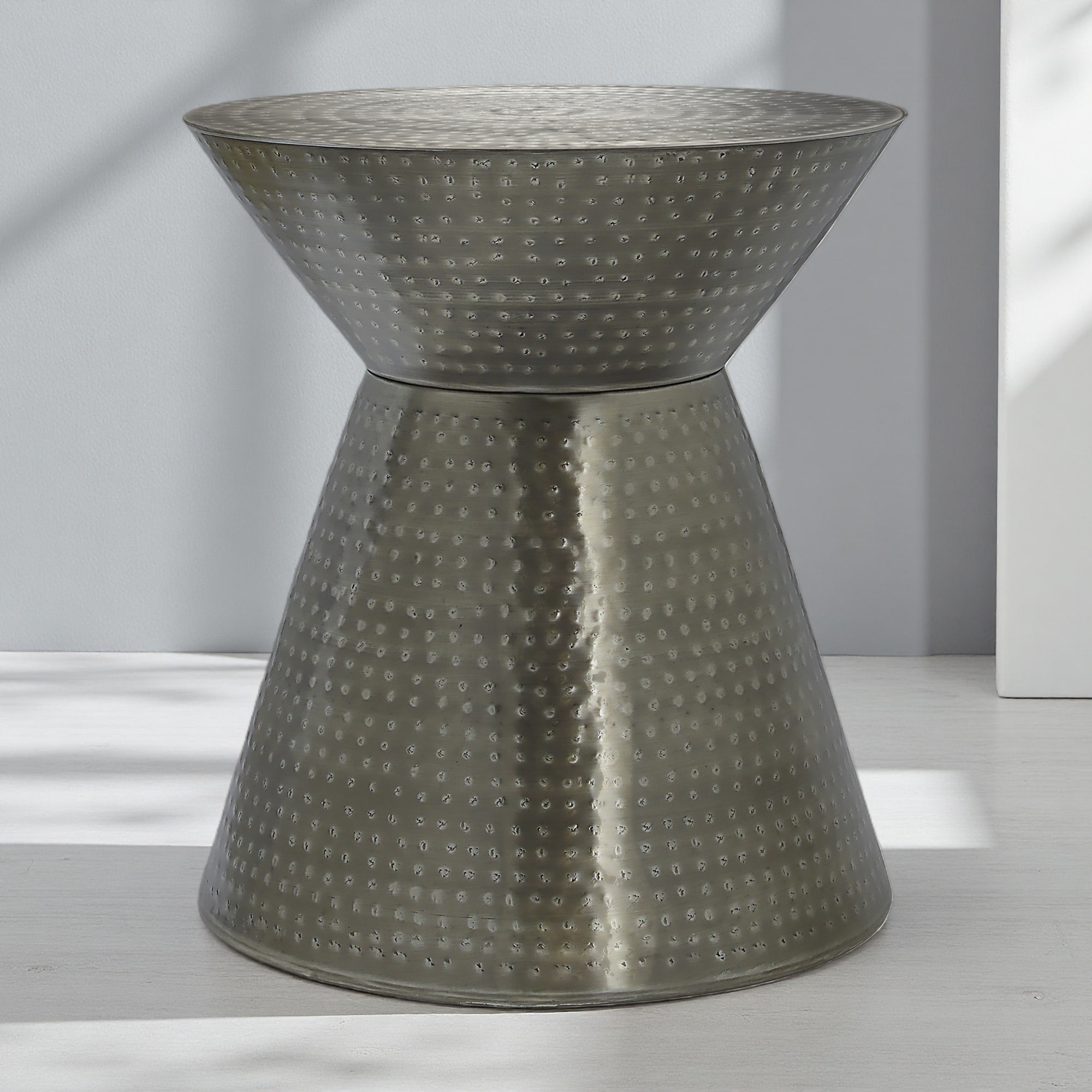 20"L Metal Drum Accent Table with Hammered Design, Contemporary Side, End, and Nightstand Table for Living Room and Bedroom