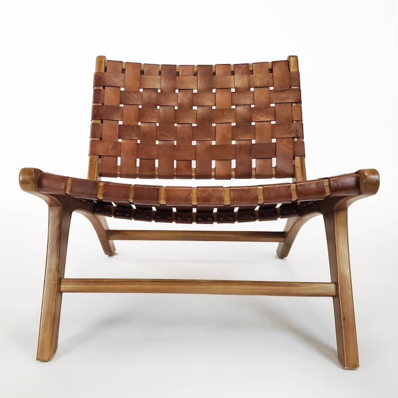 Brisot Square Weave Leather on Teak Wood Lounge Chair