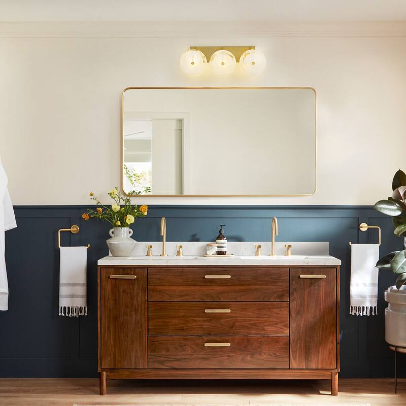 3-Light Mid-Century Modern Brushed Brass Vanity Light with Cloud-Textured Round Glass glass disc