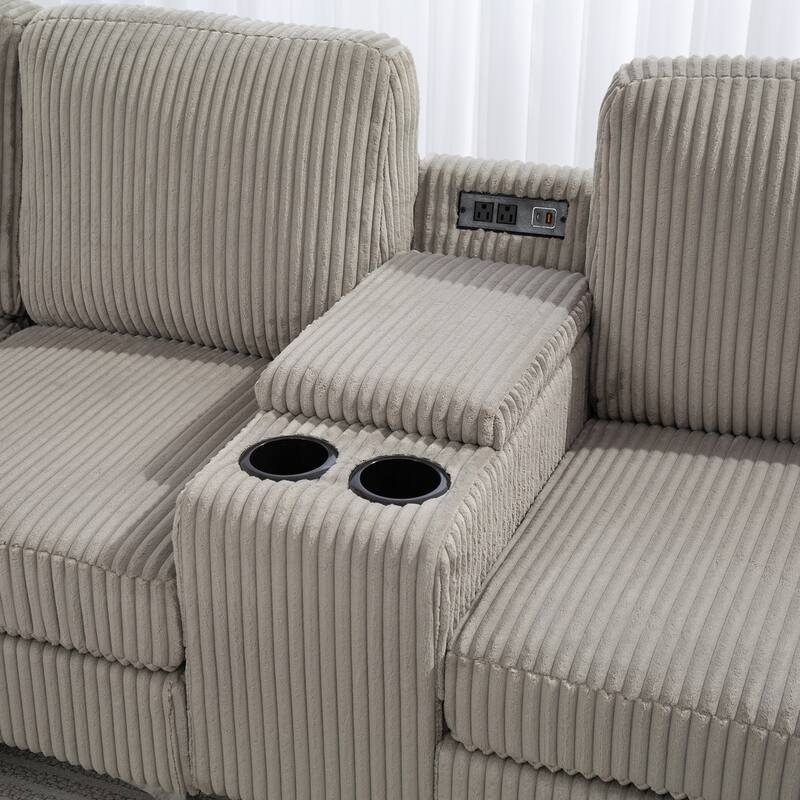 129.14" Corduroy 6-Piece Modular Sectional Sofa with Storage Ottoman, USB Charging and Cup Holders