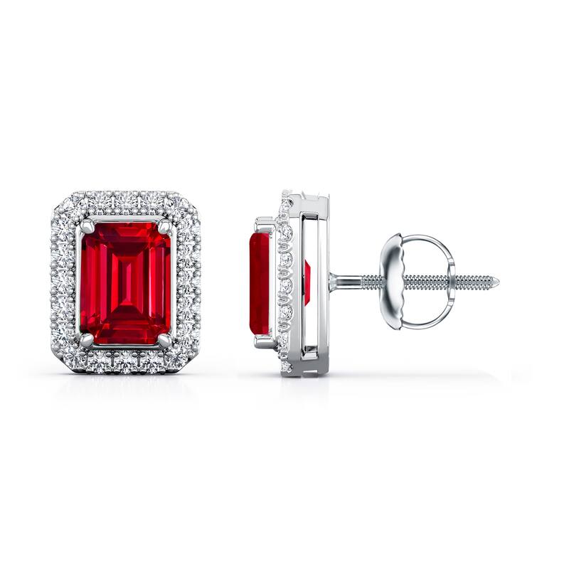Auriya 14k Gold Lab Grown Gemstone Ruby Stud Earrings Emerald 0.25 to 5.00 ct. tw. Halo Screw-Back - 0.25ct tgw. - White