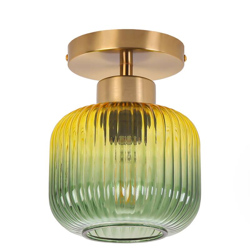 5.9" Wide Vintage Gold Semi Ceiling Light Flush Mount with Green Glass - D 5.9" x H 7.7"