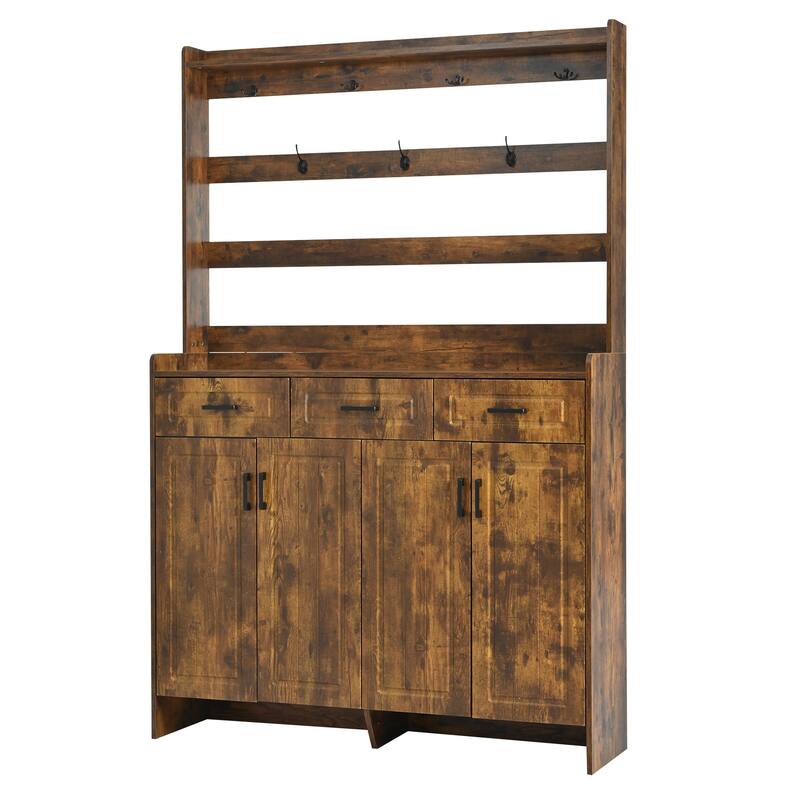 4 Door Shoe Cabinet with Coat Rack, Multi-Functional Shoe Rack with 3 Drawers, 8 Shelves, Entryway Wood Storage Console
