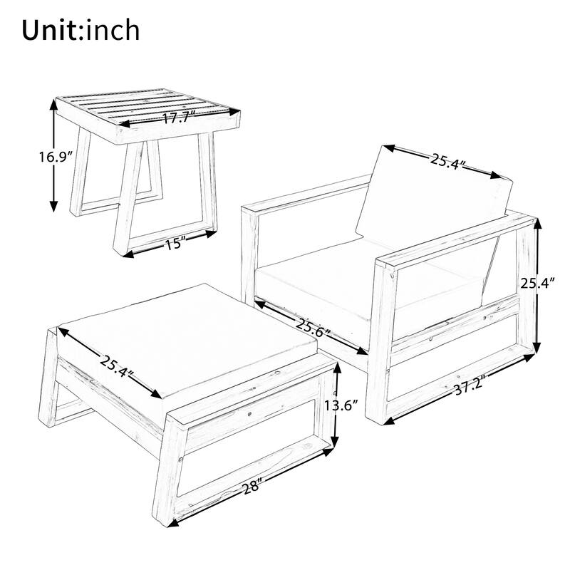 U - Style Acacia Wood Outdoor Lounge Set with Chair & Ottoman Perfect for Patios, Balconies & Gardens