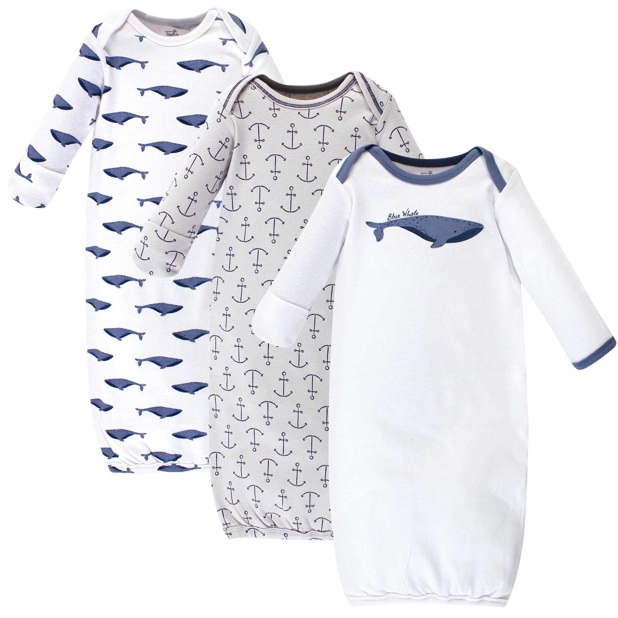 Touched by Nature Baby Organic Cotton Long-Sleeve Gowns 3pk, Blue Whale, 0-6 Months - Blue Whale
