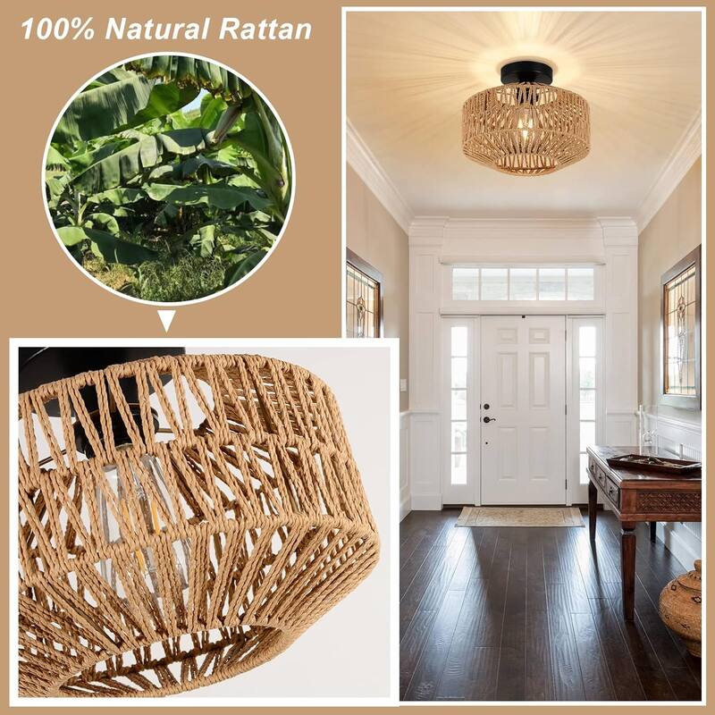 Light Fixtures Ceiling Mount,Rattan Semi Flush Mount Ceiling Light,Farmhouse Light Fixtures with Fabric Shades